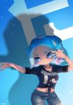  arm_up black_shirt blue_background blue_eyes blue_hair bracelet brown_choker choker collarbone collared_shirt cowboy_shot denim denim_shorts dress_shirt glint groin highres jewelry kashu_(hizake) looking_away looking_to_the_side midriff monster_girl necklace octarian octoling outstretched_arm partially_unbuttoned pocket ring shade shadow shirt short_eyebrows short_hair short_sleeves shorts signature solo splatoon_(series) splatoon_2 splatoon_2:_octo_expansion standing tentacle_hair thumb_ring tied_shirt 