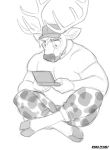  2018 anthro biceps cameo cervine clothing cloven_hooves greyscale hat hooves horn kihu male mammal monochrome muscular muscular_male nintendo nintendo_ds pants shirt sitting solo t-shirt video_games 
