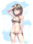  ass_visible_through_thighs bare_shoulders bikini black_bikini breasts cleavage collarbone cowboy_shot green_eyes green_hair groin hand_in_hair heterochromia kantai_collection kiso_(kantai_collection) navel open_mouth short_hair side-tie_bikini signature simple_background small_breasts solo swimsuit yellow_eyes yuihira_asu 
