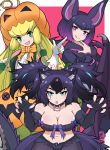  3girls :d :q absurdres animal_ears aqua_eyes armband bangs bat_ears bat_wings blonde_hair blunt_bangs blush bow bowtie breasts buttons cerberus_(kemono_friends) claw_pose cleavage collar common_vampire_bat_(kemono_friends) dog_ears elbow_gloves eyebrows_visible_through_hair fingerless_gloves frilled_sleeves frills gloves gradient_hair green_eyes highres jack-o&#039;-lantern_(kemono_friends) kemono_friends long_hair long_sleeves looking_at_viewer magenta_background medium_breasts morimasakazu multicolored_hair multiple_girls open_mouth orange_neckwear pointing pointing_up pumpkin_hat purple_eyes purple_hair purple_neckwear sailor_collar short_hair shorts sleeveless smile tail tongue tongue_out torn_clothes torn_shorts two_side_up very_long_hair white_gloves wings 