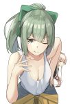  :q alternate_costume bangs black_jacket bow breasts brown_eyes cleavage closed_mouth commentary downblouse eyebrows_visible_through_hair frown green_bow green_eyes green_hair green_ribbon grey_sailor_collar hair_bow hair_flaps hair_ribbon hand_on_hip highres jacket kantai_collection leaning_forward long_hair medium_breasts multiple_girls neck_ribbon negahami one_eye_closed pink_hair ponytail red_ribbon remodel_(kantai_collection) ribbon sailor_collar sidelocks simple_background smile solo_focus sweatdrop tank_top tongue tongue_out very_long_hair white_background white_tank_top yura_(kantai_collection) yuubari_(kantai_collection) 