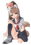  absurdres animal_ears black_legwear black_sailor_collar black_skirt blue_eyes blush commentary_request cup_ramen dog_ears dog_girl dog_tail full_body grey_footwear head_tilt highres kneehighs light_brown_hair long_hair looking_at_viewer mouth_hold omucchan_(omutyuan) on_head original pleated_skirt sailor_collar school_uniform serafuku shirt shoes short_sleeves skirt solo sweatband tail tying_shoes white_background white_shirt wristband 