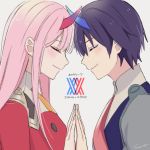  1girl bangs black_hair blue_horns blush closed_eyes commentary_request couple darling_in_the_franxx face-to-face facing_another forehead-to-forehead hair_ornament hairband hetero hiro_(darling_in_the_franxx) horns long_hair looking_at_another military military_uniform necktie oni_horns orange_neckwear pink_hair red_horns red_neckwear signature spoilers suyamii uniform white_hairband zero_two_(darling_in_the_franxx) 