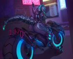  anthro big_breasts big_butt bodysuit breasts butt clothing dinosaur female grungecandy japan japanese_text looking_back motorcycle raptor skinsuit solo text theropod tight_clothing tongue tongue_out vehicle 