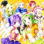  ara_han black_hair chung_seiker commentary_request crossover drum drumsticks elf elsword elsword_(character) eve_(elsword) facial_mark forehead_jewel goggles goggles_on_head green_eyes green_hair gumi idol instrument malmaron musical_note pointy_ears purple_eyes purple_hair raven_(elsword) red_hair rena_(elsword) silver_hair star vocaloid 