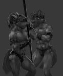  abs athletic bandage biceps bulge canine clothing comforting digital_media_(artwork) duo greyscale hair headband loincloth long_hair male mammal marsonaut melee_weapon monochrome muscular muscular_male paint pecs polearm ponytail pubes spear straps sweat tuft weapon wolf 