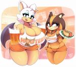  2018 alcohol anthro badger bat beer beverage big_breasts blue_eyes blush breast_envy breasts cleavage clothed clothing digital_media_(artwork) duo eyelashes eyeshadow female food hair holding_food holding_object hooters huge_breasts makeup mammal mustelid open_mouth pencil_(object) rouge_the_bat secretly_saucy signature sonic_(series) sonic_boom sticks_the_jungle_badger thick_thighs white_hair wings 