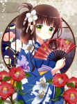  bangs blue_kimono blunt_bangs blush brown_hair camellia closed_mouth commentary_request eyebrows_visible_through_hair fan floral_print flower folding_fan gochuumon_wa_usagi_desu_ka? green_eyes hair_flower hair_ornament hair_ribbon hand_up highres holding holding_fan japanese_clothes kimono long_hair long_sleeves obi pink_ribbon print_kimono red_flower ribbon ryoutan sash smile solo ujimatsu_chiya white_flower wide_sleeves 