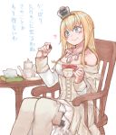  az_toride blonde_hair blue_eyes box braid chair chocolate crown cup dress feet_out_of_frame flower french_braid hairband jewelry kantai_collection long_hair long_sleeves mini_crown necklace off-shoulder_dress off_shoulder red_flower red_ribbon red_rose ribbon rose simple_background sitting smile solo table teacup teapot thighhighs tilted_headwear translation_request warspite_(kantai_collection) white_background white_dress white_legwear 