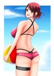  1girl ahoge artist_request ass ball bare_shoulders bikini blush breasts dimples_of_venus earrings from_behind homura_(xenoblade_2) large_breasts looking_at_viewer open_mouth orange_eyes red_hair shiny shiny_hair short_hair short_shorts shorts sideboob smile solo thigh_strap thong thong_bikini whaletail xeno_(series) xenoblade xenoblade_2 