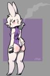  2018 absurd_res anthro armwear big_butt biped blush breasts butt candy_mcgee clothed clothing digital_drawing_(artwork) digital_media_(artwork) female fur gloves gun hair handgun hi_res holding_object holding_weapon huge_butt lagomorph leotard looking_at_viewer looking_back mammal rabbit ranged_weapon simple_background smile solo standing text thick_thighs weapon wide_hips ziggy_fox 