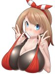  1girl bangs bare_shoulders blue_eyes blush breasts brown_hair collarbone eyebrows_visible_through_hair hair_ornament haruka_(pokemon) haruka_(pokemon_oras) highres huge_breasts looking_at_viewer mokkosss pokemon pokemon_(game) pokemon_oras sleeveless sleeveless_shirt smirk solo strap_slip upper_body v 