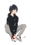  bangs black_hair black_hoodie blue_eyes commentary darling_in_the_franxx eyebrows_visible_through_hair grey_pants hiro_(darling_in_the_franxx) hood hoodie male_focus pants shoes signature sitting sneakers solo ukipenguin white_footwear 