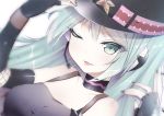  ;) bad_id bad_pixiv_id black_gloves black_hat black_nails blue_eyes blue_hair breasts collarbone elbow_gloves fingerless_gloves giryu gloves hat hatsune_miku headset koi_wa_sensou_(vocaloid) long_hair medium_breasts microphone nail_polish one_eye_closed project_diva_(series) punk_(module) shiny shiny_hair smile solo tongue tongue_out upper_body vocaloid 