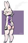  2018 absurd_res anthro armwear big_butt biped blush breasts butt candy_mcgee clothed clothing digital_drawing_(artwork) digital_media_(artwork) female fur gloves gun hair handgun hi_res holding_object holding_weapon huge_butt lagomorph leotard looking_at_viewer looking_back mammal rabbit ranged_weapon simple_background smile solo standing text thick_thighs weapon wide_hips ziggy_fox 
