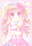  animal_ears bangs bear_ears blue_bow blush bow closed_mouth commentary_request dress drill_hair eyebrows_visible_through_hair frilled_shirt_collar frills hair_bow head_tilt heart heart_in_eye himetsuki_luna light_brown_hair long_hair looking_at_viewer object_hug original pink_bow pink_dress pink_eyes plaid polka_dot polka_dot_dress puffy_short_sleeves puffy_sleeves short_sleeves smile solo stuffed_animal stuffed_toy symbol_in_eye teddy_bear twin_drills twintails very_long_hair white_bow yellow_bow 