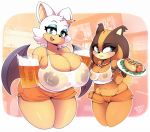  2018 alcohol anthro areola badger bat beer beverage big_breasts blue_eyes blush breast_envy breasts clothed clothing digital_media_(artwork) duo eyelashes eyeshadow female food hair holding_food holding_object hooters huge_breasts makeup mammal mustelid nipples open_mouth pencil_(object) rouge_the_bat secretly_saucy signature sonic_(series) sonic_boom sticks_the_jungle_badger thick_thighs translucent transparent_clothing white_hair wings 