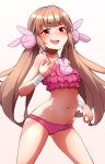  alternate_costume bikini blush brown_hair bunny_hair_ornament eyebrows_visible_through_hair fang frilled_bikini frills gradient hair_ornament hayashi_keita highres long_hair looking_at_viewer natori_sana navel open_mouth pink_background pink_bikini red_eyes sana_channel smile solo standing swimsuit twintails virtual_youtuber white_background 