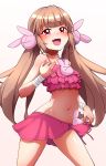  :d alternate_costume bikini blush brown_hair bunny_hair_ornament commentary_request eyebrows_visible_through_hair fang frilled_bikini frills gradient hair_ornament hayashi_keita highres long_hair looking_at_viewer natori_sana navel open_mouth pink_background pink_bikini red_eyes sana_channel smile solo standing swimsuit twintails virtual_youtuber white_background 