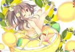  ass bikini bracelet brown_eyes brown_hair butt_crack eyebrows_visible_through_hair food foreshortening from_behind fruit hair_between_eyes hair_ornament high_ponytail jewelry kantai_collection kawai_maria lemon light_brown_hair long_hair looking_at_viewer looking_back looking_up one_eye_closed open_mouth outstretched_arms oversized_object ponytail sandals side-tie_bikini sitting smile solo swimsuit yellow_bikini zuihou_(kantai_collection) 