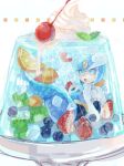  1girl android blue_eyes cherry cup food fruit gelatin gloves grape helmet ice ice_cube in_container in_food jelly kiwifruit lying mermaid on_back open_mouth orange orange_slice rockman rockman_(classic) rockman_8 splash_woman strawberry uu whipped_cream white_gloves 