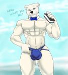  anthro bear bow_tie bulge clothing english_text jockstrap male mammal muscular muscular_male navel polar_bear seibear smile solo standing text underwear 