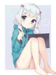  1girl bare_legs barefoot blue_eyes bow eromanga_sensei female hair_bow hair_ornament highres holding izumi_sagiri legs mochiko_(uyu_omochi) no_pants panties side-tie_panties silver_hair sitting solo stylus tablet underwear 