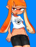  :d anchor_symbol bangs bare_arms bike_shorts blue_background blunt_bangs blush collarbone commentary crop_top domino_mask eyebrows_visible_through_hair groin highres inkling lkll long_hair looking_at_viewer mask navel nose_blush open_mouth orange_eyes orange_hair shirt short_sleeves shorts shorts_pull smile solo splatoon_(series) splatoon_1 suction_cups sweat t-shirt tentacle_hair white_shirt 