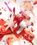  ahoge blonde_hair braid breasts cleavage closed_mouth commentary dress fate/extra fate/grand_order fate_(series) french_braid green_eyes highres looking_at_viewer nero_claudius_(fate) nero_claudius_(fate)_(all) red_dress shengkong_(prank) short_hair solo sword symbol_commentary weapon 