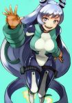  55level blue_eyes blue_hair bodysuit boku_no_hero_academia breasts gloves green_background hadou_nejire highres horns large_breasts long_hair looking_at_viewer open_mouth orange_gloves simple_background smile solo teeth very_long_hair 