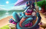  2018 4_toes 5_fingers auroraleina beach beach_umbrella bendy_straw beverage blue_fur blue_hair book bra chibity chimera claws clothing collar cyan_scales detailed_background dragon drinking eastern_dragon eyewear featureless_crotch female flesh_whiskers fur hair hi_res horn hybrid pawpads paws pink_nose pink_pawpads purple_eyes reading reclining relaxing reptile scales scalie sea seaside sky smile snake snake_tail solo spread_legs spreading straw sun sunglasses taur toe_claws toes tree underwear water 