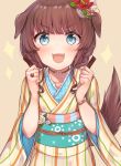  2018 :3 :d absurdres animal_ears blue_eyes blush bone bracelet brown_choker brown_hair choker clenched_hands commentary_request dog_ears dog_tail eyebrows_visible_through_hair flower hair_flower hair_ornament heart highres japanese_clothes jewelry kimono koretsuna long_hair looking_at_viewer multicolored multicolored_stripes open_mouth original ring smile solo standing striped striped_kimono tail upper_body v-shaped_eyebrows vertical_stripes 