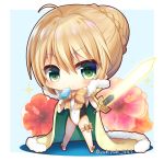  ahoge artoria_pendragon_(all) artoria_pendragon_(swimsuit_archer) bangs big_head blonde_hair blush bow braid breasts cape casual_one-piece_swimsuit chibi closed_mouth commentary covered_navel excalibur eyebrows_visible_through_hair fate/grand_order fate_(series) flower food fur-trimmed_cape fur_trim gold_trim green_cape green_eyes hair_between_eyes hair_bun holding holding_food holding_sword holding_weapon medium_breasts multicolored multicolored_cape multicolored_clothes one-piece_swimsuit orange_bow popsicle red_flower smile solo sparkle swimsuit sword twitter_username weapon white_swimsuit yellow_cape yukiyuki_441 