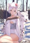  2018 absurdres animal_ears arm_support barefoot black_nails blurry blurry_background dated day flower grey_eyes hair_flower hair_ornament high_ponytail highres japanese_clothes kimono leopard_ears long_hair looking_at_viewer nail_polish original outdoors parted_lips pink_flower sash signature silver_hair sitting slit_pupils snow_leopard solo sunako_(veera) white_kimono 
