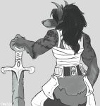  anthro bandage canine ceasie_(artist) clothed clothing digital_drawing_(artwork) digital_media_(artwork) female fur hair hi_res holding_(disambiguation) holding_object holding_weapon long_hair mammal melee_weapon muscular muscular_female pointy_ears rear_view simple_background solo standing sword video_games warcraft weapon were werewolf worgen 