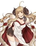  ahoge anila_(granblue_fantasy) bangs black_skirt blonde_hair blunt_bangs breasts cape cleavage cowboy_shot cradle_(2849) detached_collar draph elbow_gloves fur-trimmed_cape fur_trim gloves granblue_fantasy highres horns large_breasts long_hair looking_at_viewer midriff miniskirt pleated_skirt red_cape sheep_horns short_eyebrows skirt smile solo thick_eyebrows thighhighs wavy_hair white_gloves white_legwear yellow_eyes 