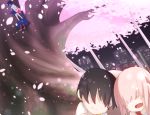  1girl bangs bare_shoulders black_hair blue_dress blue_horns blue_shirt blue_skin building cape cherry_blossoms collarbone commentary_request couple darling_in_the_franxx dress dual_persona hetero hiro_(darling_in_the_franxx) horns in_tree leje39 long_hair night night_sky no_eyes no_socks oni_horns open_mouth panties pants petals pink_hair red_horns red_skin shirt sitting sitting_in_tree sky sleeveless sleeveless_dress tree underwear white_cape white_footwear white_pants white_shirt younger zero_two_(darling_in_the_franxx) 