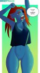 2018 anthro boss_monster bottomless breasts clothed clothing desertkaiju digital_media_(artwork) english_text eye_patch eyes_closed eyewear female fish hair marine open_mouth pussy red_hair simple_background solo speech_bubble stretching teeth text thick_thighs undertale undyne video_games wide_hips yawn 