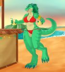  anthro beach beverage bikini clothed clothing dinosaur female hair horn open_mouth outside seaside seibear smile solo standing swimsuit thick_thighs 