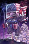  anthro belly big_belly big_breasts big_hands blax braces breasts cat cleavage clothed clothing feline female fireworks flag fur hair mammal muscular nipple_pasties pink_hair purple_fur slightly_chubby solo sqrlyjack teeth united_states_of_america 