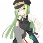  1girl :q alina_gray blush eyebrows_visible_through_hair female fishnet_legwear fishnets garter_straps green_hair hand_up hat kyabechi leg_up long_hair looking_at_viewer magia_record:_mahou_shoujo_madoka_magica_gaiden mahou_shoujo_madoka_magica simple_background solo thighhighs tongue tongue_out white_background wristband 