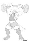  anthro avian beak bird bulge clothed clothing exercise greyscale male monochrome muscular muscular_male pecs purplepardus shirt solo standing tank_top teeth weightlifting workout 