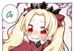  bangs blonde_hair blush bow cape commentary earrings ereshkigal_(fate/grand_order) eyebrows_visible_through_hair fate/grand_order fate_(series) forehead hair_bow hands_on_own_cheeks hands_on_own_face highres infinity jako_(jakoo21) jewelry long_hair long_sleeves parted_bangs red_bow red_cape red_eyes sleeves_past_wrists solo spoken_flying_sweatdrops sweat tiara two_side_up very_long_hair 