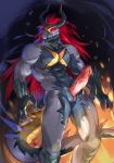  abs action_pose animal_genitalia anthro batzz_(buddyfight) biceps big_penis black_scales claws dragon erection full-length_portrait genital_slit glowing glowing_eyes grey_scales hair hi_res horn humanoid_penis long_hair long_tail male muscular muscular_male pecs penis portrait pose precum red_hair scales simple_background slit solo standing unknown_artist 