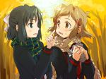  autumn black_hair blazer brown_eyes brown_hair eating food food_on_face green_eyes hair_ornament hair_ribbon hairclip jacket kohinata_miku multiple_girls ribbon school_uniform senki_zesshou_symphogear short_hair sweet_potato tachibana_hibiki_(symphogear) tsuta_no_ha upper_body yellow_eyes 