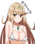  bangs bare_shoulders bikini black_bikini blonde_hair breasts cleavage commentary commission eyebrows_visible_through_hair front-tie_bikini front-tie_top hikari_(xenoblade_2) j@ck large_breasts long_hair looking_at_viewer navel solo swimsuit tiara very_long_hair wristband xenoblade_(series) xenoblade_2 yellow_eyes 
