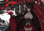  akagi_(azur_lane) aliasing animal_ears anthropomorphism azur_lane black_hair breasts cleavage clouds foxgirl gloves japanese_clothes long_hair magic multiple_tails red_eyes skirt sky tagme_(artist) tail thighhighs water zettai_ryouiki 