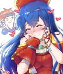  1girl asymmetrical_sleeves bare_shoulders blue_eyes blue_hair blush closed_eyes commentary dress english_commentary fire_emblem fire_emblem:_fuuin_no_tsurugi fire_emblem_heroes hands_on_own_cheeks hands_on_own_face hat heart heat highres imagining ippers jewelry lilina long_hair necklace red_dress red_hair roy_(fire_emblem) sidelocks smile 