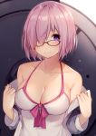  bare_shoulders black-framed_eyewear blush bow breasts cleavage collarbone commentary_request fate/grand_order fate_(series) front-tie_top glasses hair_over_one_eye large_breasts lavender_hair long_sleeves looking_at_viewer mash_kyrielight muryotaro pink_bow purple_eyes shield short_hair smile sweatdrop swimsuit swimsuit_of_perpetual_summer upper_body white_swimsuit 