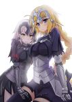  absurdres ahoge arm_around_waist armor blonde_hair blue_legwear blush braid breasts chain eyebrows_visible_through_hair fate/grand_order fate_(series) grey_hair hair_between_eyes hair_ribbon hand_on_another's_thigh headpiece highres jeanne_d'arc_(alter)_(fate) jeanne_d'arc_(fate) jeanne_d'arc_(fate)_(all) long_braid long_hair medium_breasts multiple_girls phoompusiri purple_eyes ribbon short_hair single_braid smile thighhighs thighs yellow_eyes 